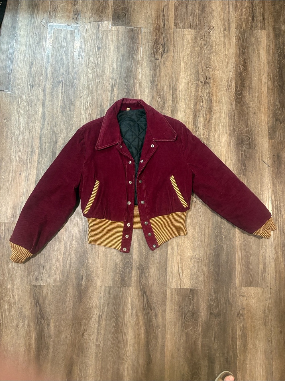 Vintage Unisex Varsity Burgundy Corduroy Bomber Jacket with Gold Trim - Picture 10 of 13